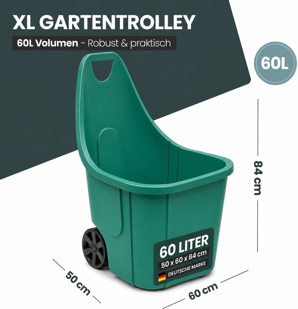 Gartentrolley 60 L Grün – Gartenwagen mit Rollen und Griff, Transportwagen für Laub, Gartenabfälle & Werkzeug