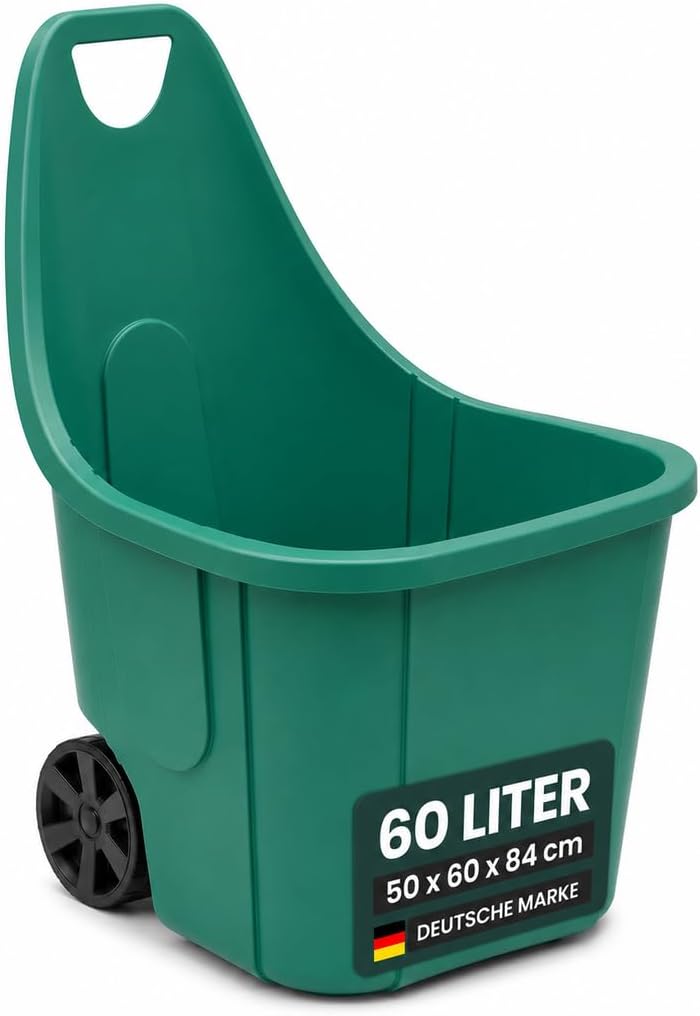 Gartentrolley 60 L Grün – Gartenwagen mit Rollen und Griff, Transportwagen für Laub, Gartenabfälle & Werkzeug