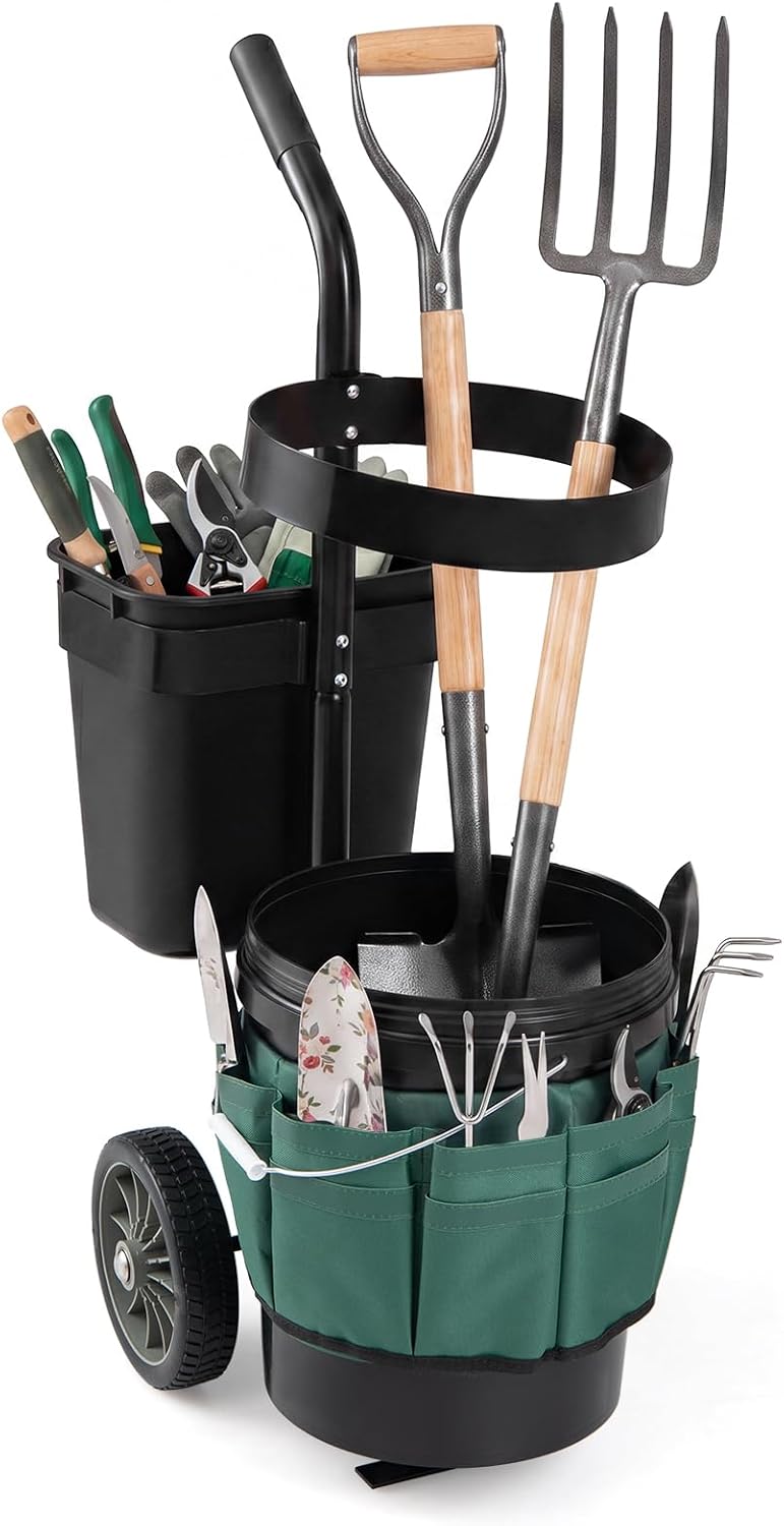 Gartenwagen für Werkzeug – 10 + 20 L Eimer, Oxford-Tasche, Gerätehalter, Stahl, Transportwagen