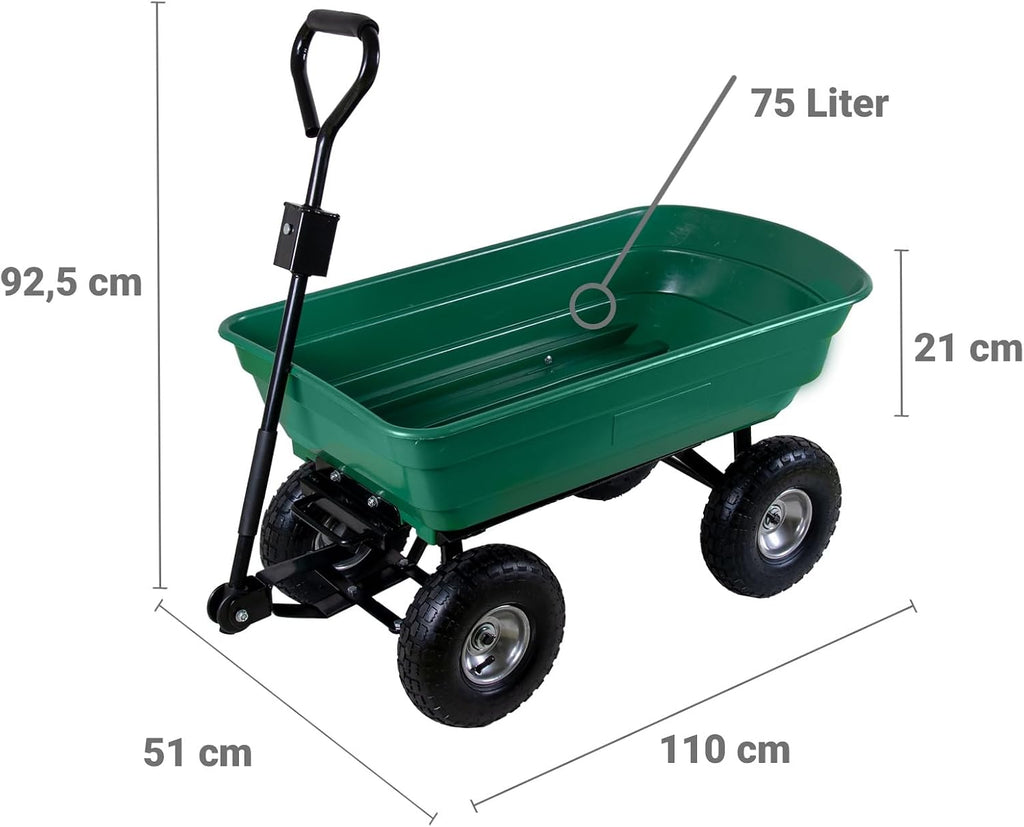 Gartenwagen 75 L mit Kippfunktion – 300 kg Tragkraft, Luftreifen, Stahlfelgen, Transportwagen
