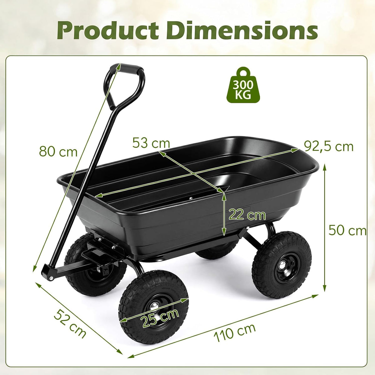 Gartenwagen mit Kippfunktion – 300 kg Tragkraft, Schwarz, Transportwagen für Garten & Hof
