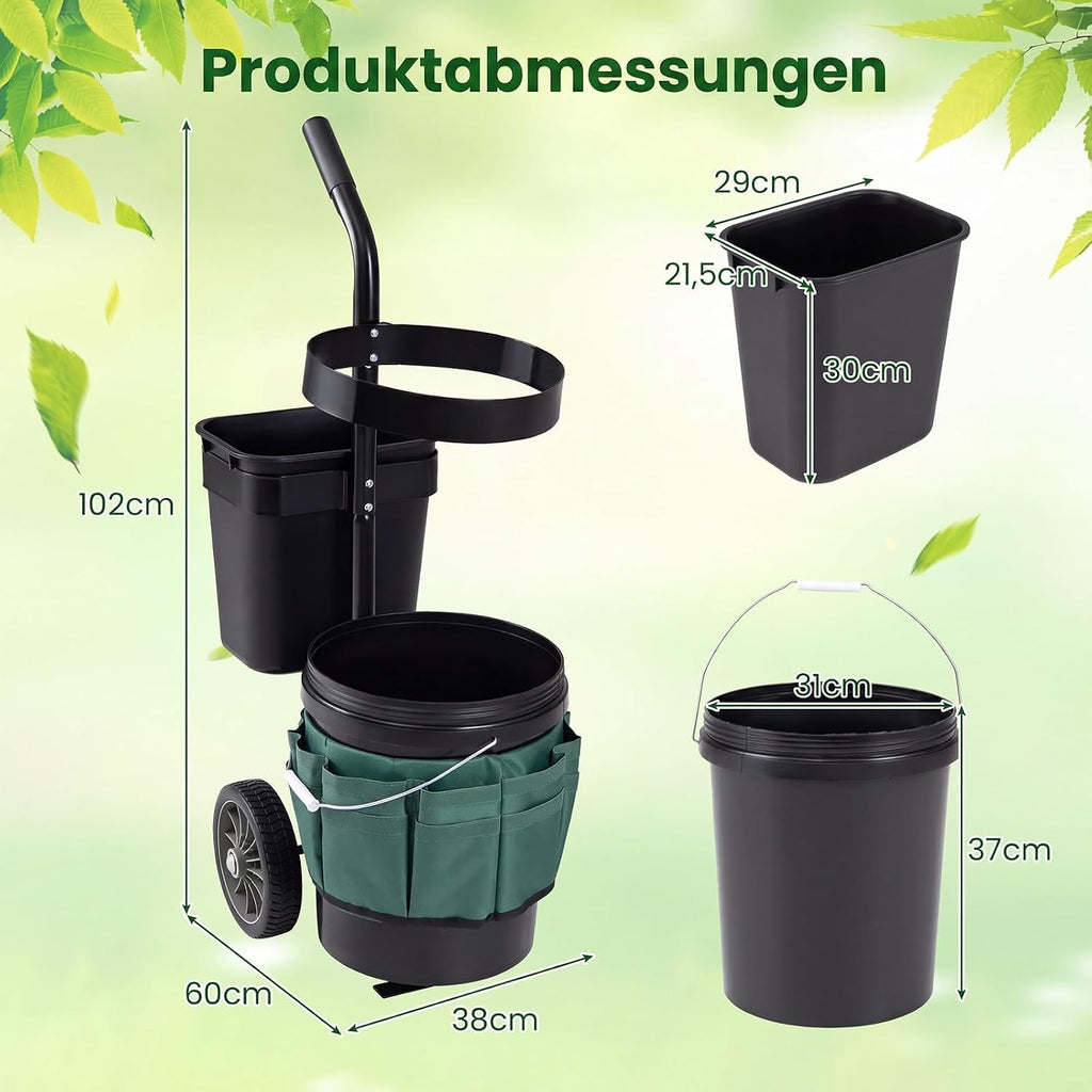 Gartenwagen für Werkzeug – 10 + 20 L Eimer, Oxford-Tasche, Gerätehalter, Stahl, Transportwagen
