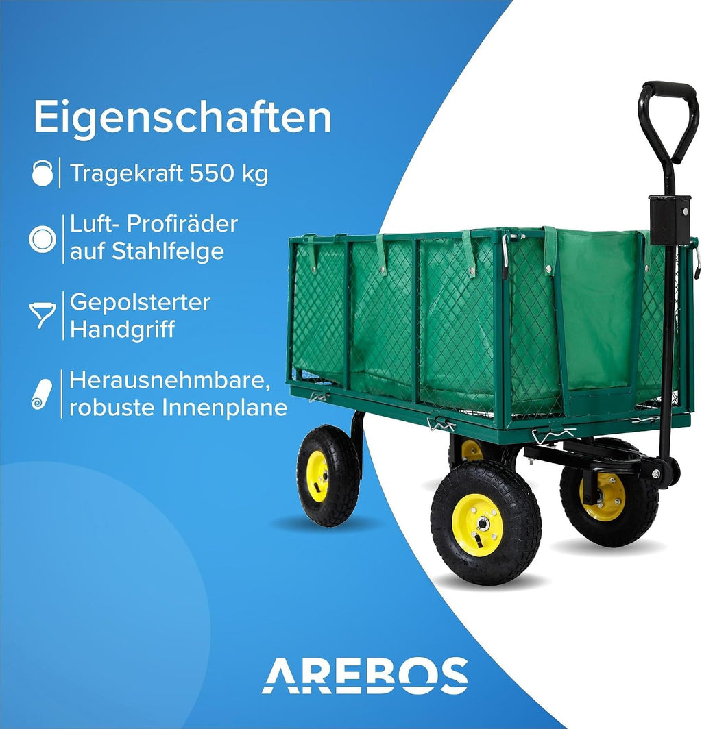 Gartenwagen Grün faltbar – 550 kg Tragkraft, Profilreifen, Bollerwagen, Transportwagen