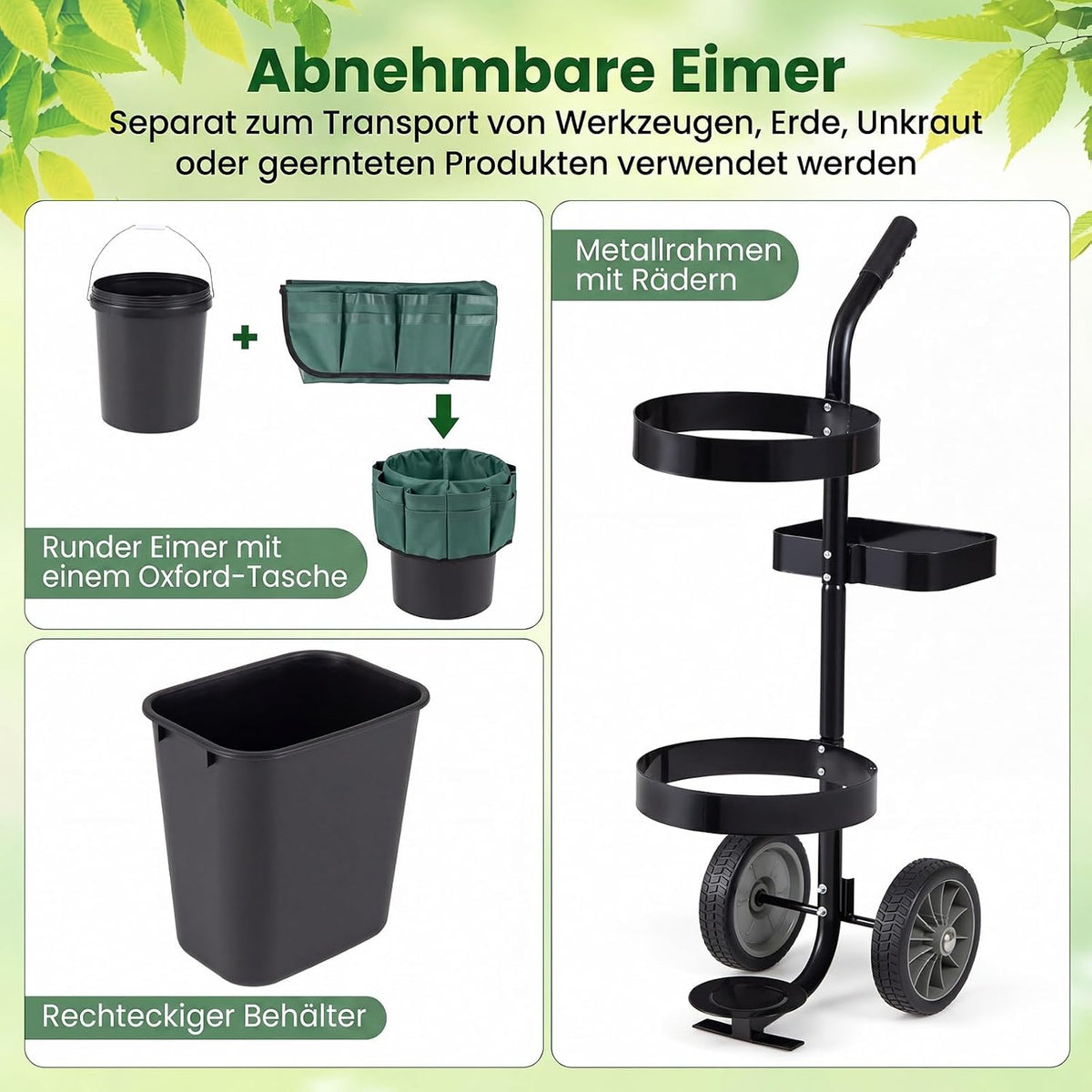 Gartenwagen für Werkzeug – 10 + 20 L Eimer, Oxford-Tasche, Gerätehalter, Stahl, Transportwagen