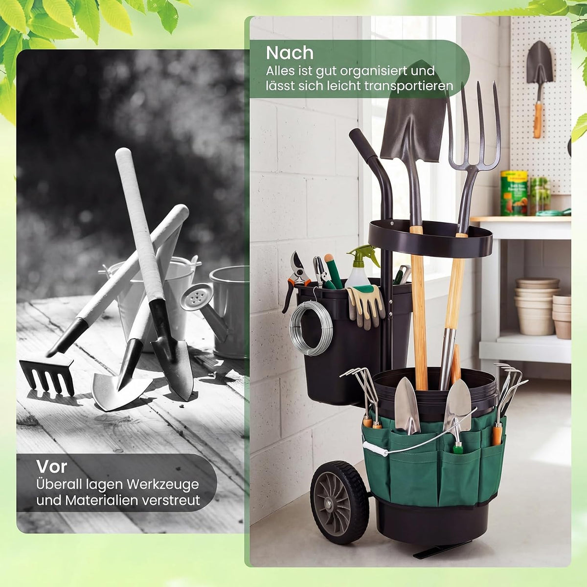 Gartenwagen für Werkzeug – 10 + 20 L Eimer, Oxford-Tasche, Gerätehalter, Stahl, Transportwagen