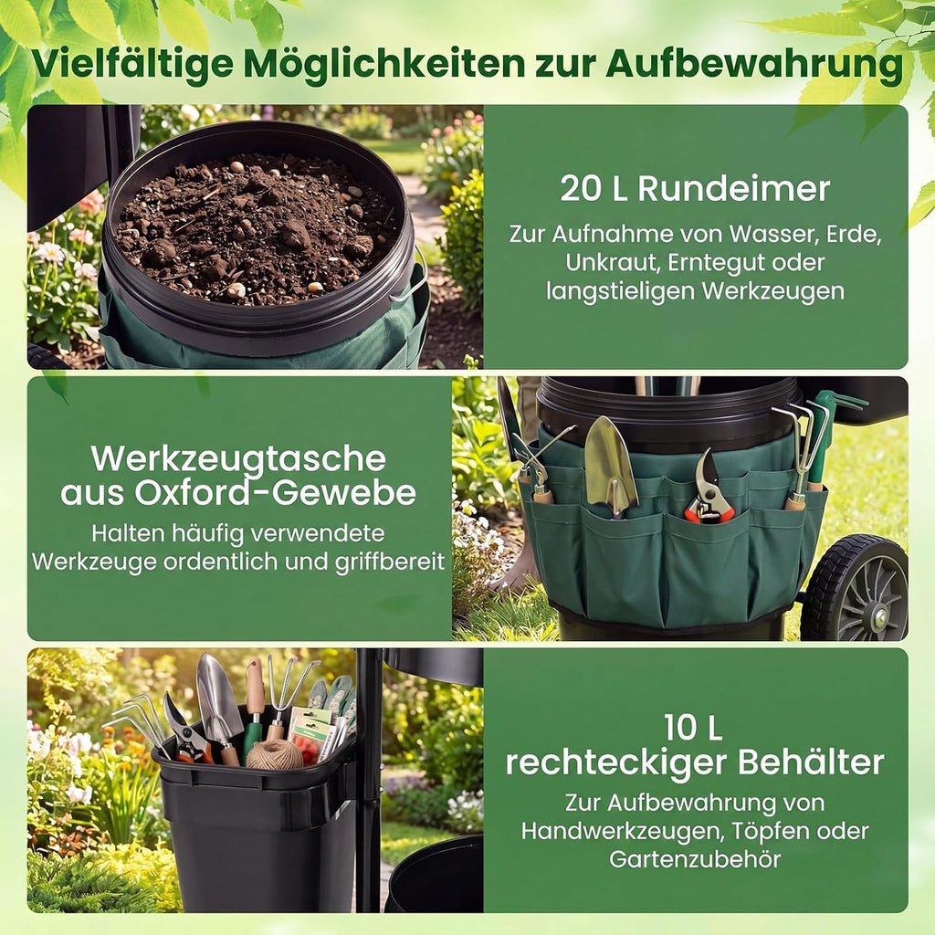 Gartenwagen für Werkzeug – 10 + 20 L Eimer, Oxford-Tasche, Gerätehalter, Stahl, Transportwagen