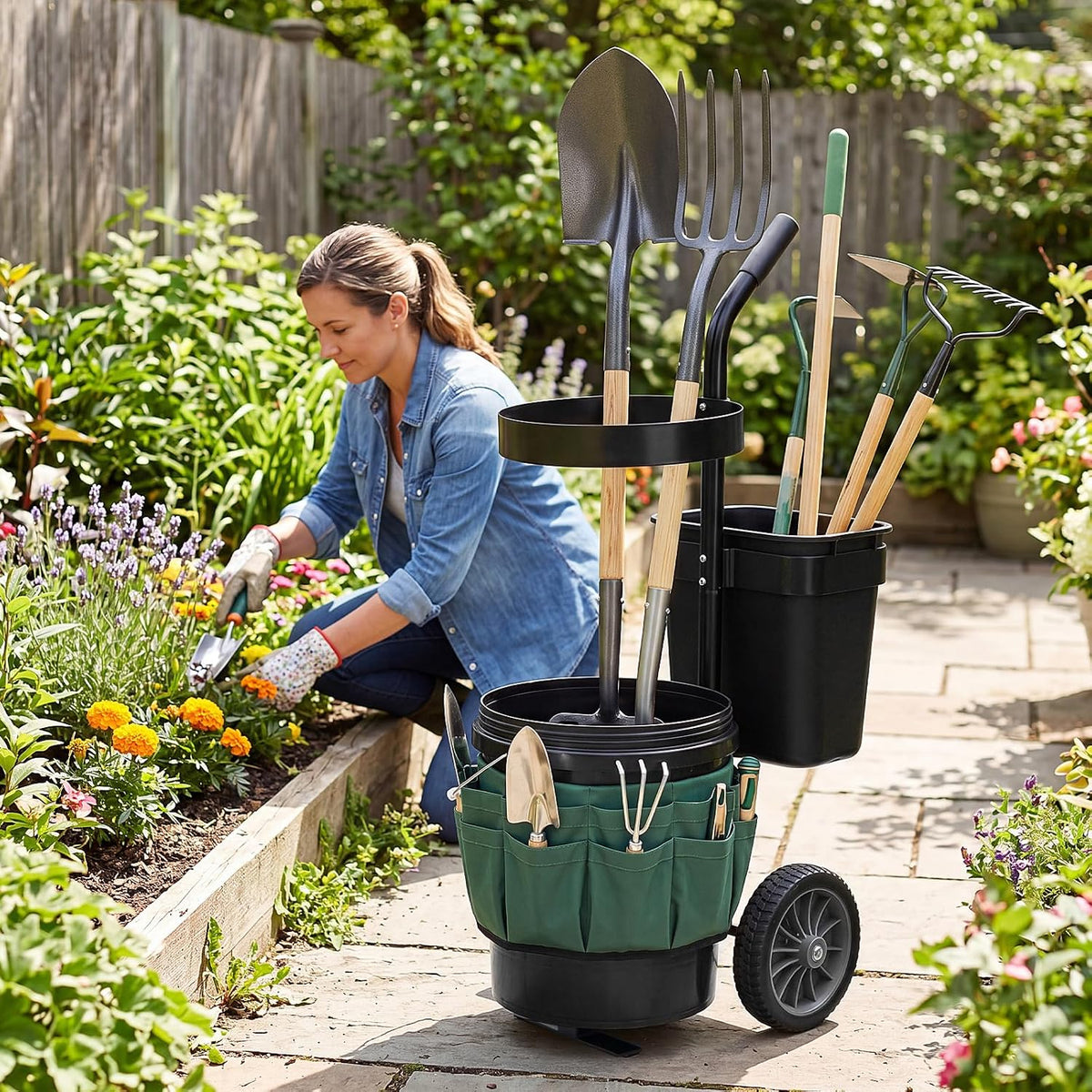 Gartenwagen für Werkzeug – 10 + 20 L Eimer, Oxford-Tasche, Gerätehalter, Stahl, Transportwagen