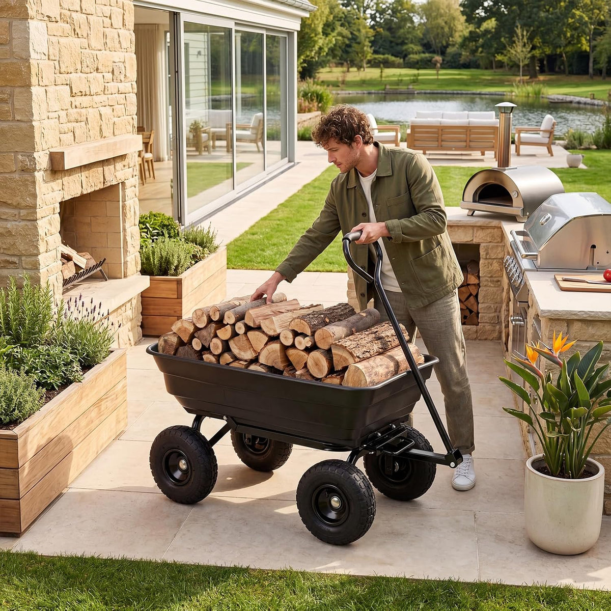 Gartenwagen mit Kippfunktion – 300 kg Tragkraft, Schwarz, Transportwagen für Garten & Hof