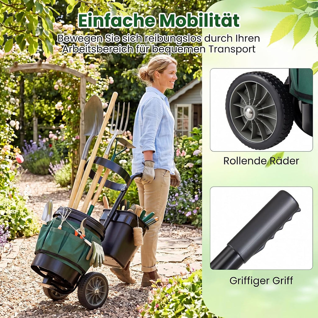 Gartenwagen für Werkzeug – 10 + 20 L Eimer, Oxford-Tasche, Gerätehalter, Stahl, Transportwagen