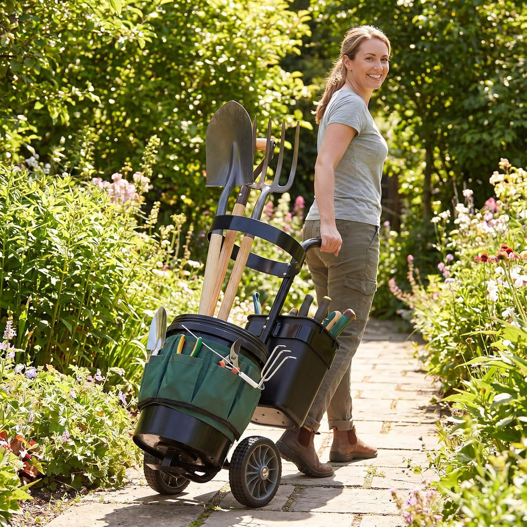 Gartenwagen für Werkzeug – 10 + 20 L Eimer, Oxford-Tasche, Gerätehalter, Stahl, Transportwagen